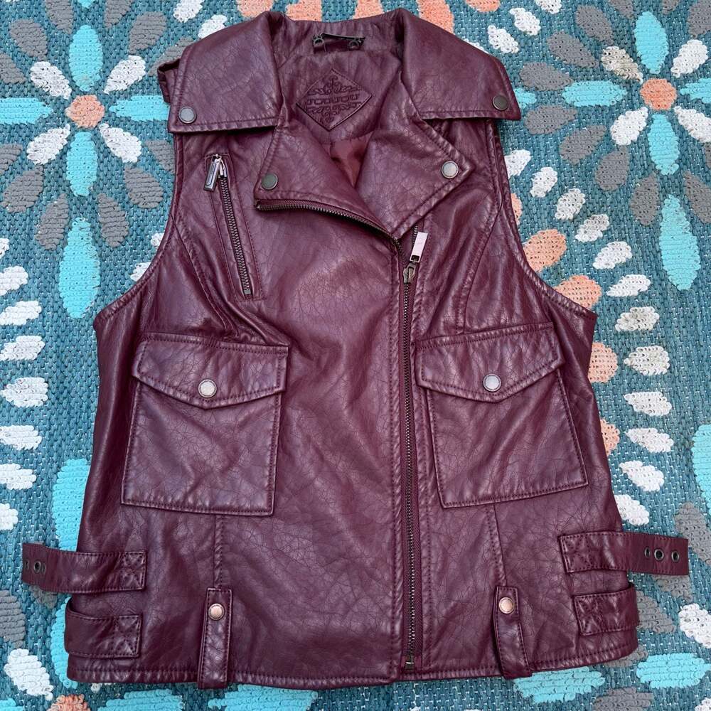 Jou Jou Women's Burgundy Faux Leather Moto Vest